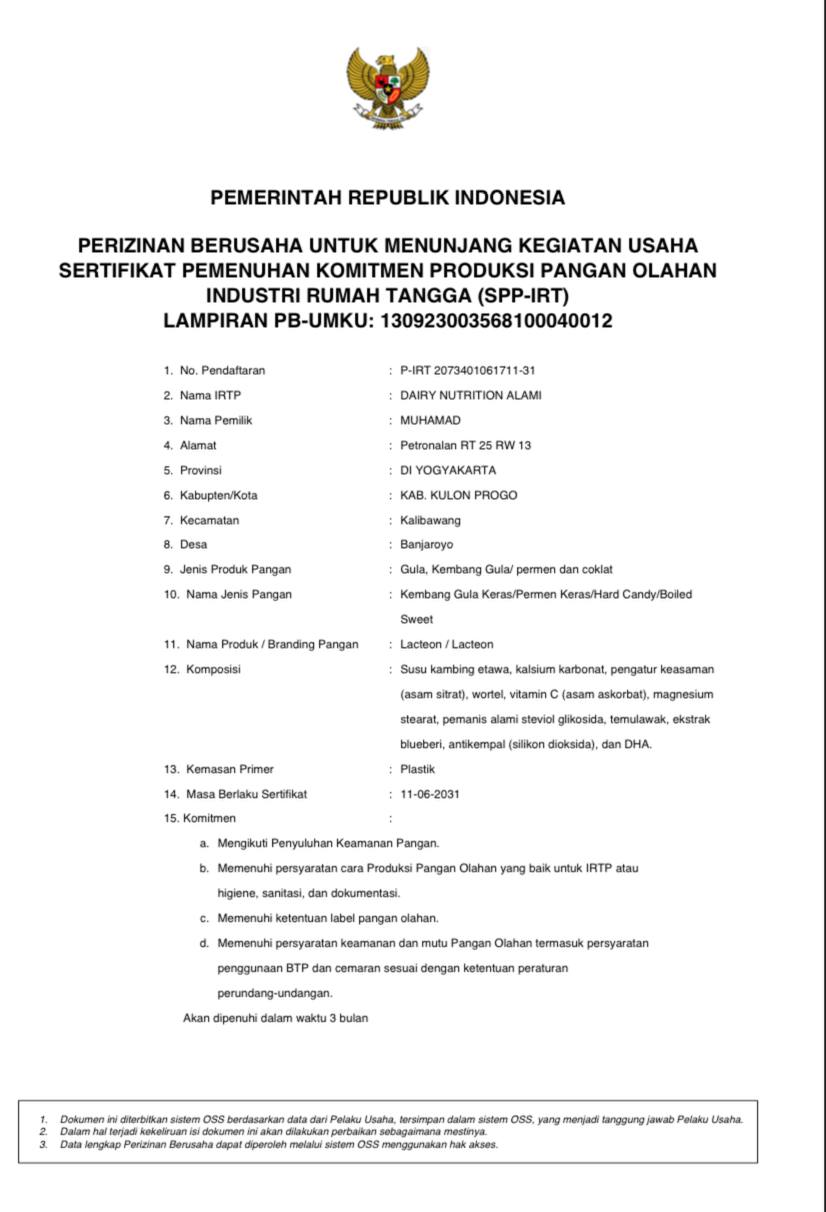 Dokumen izin PIRT Dairy Nutrition Alami