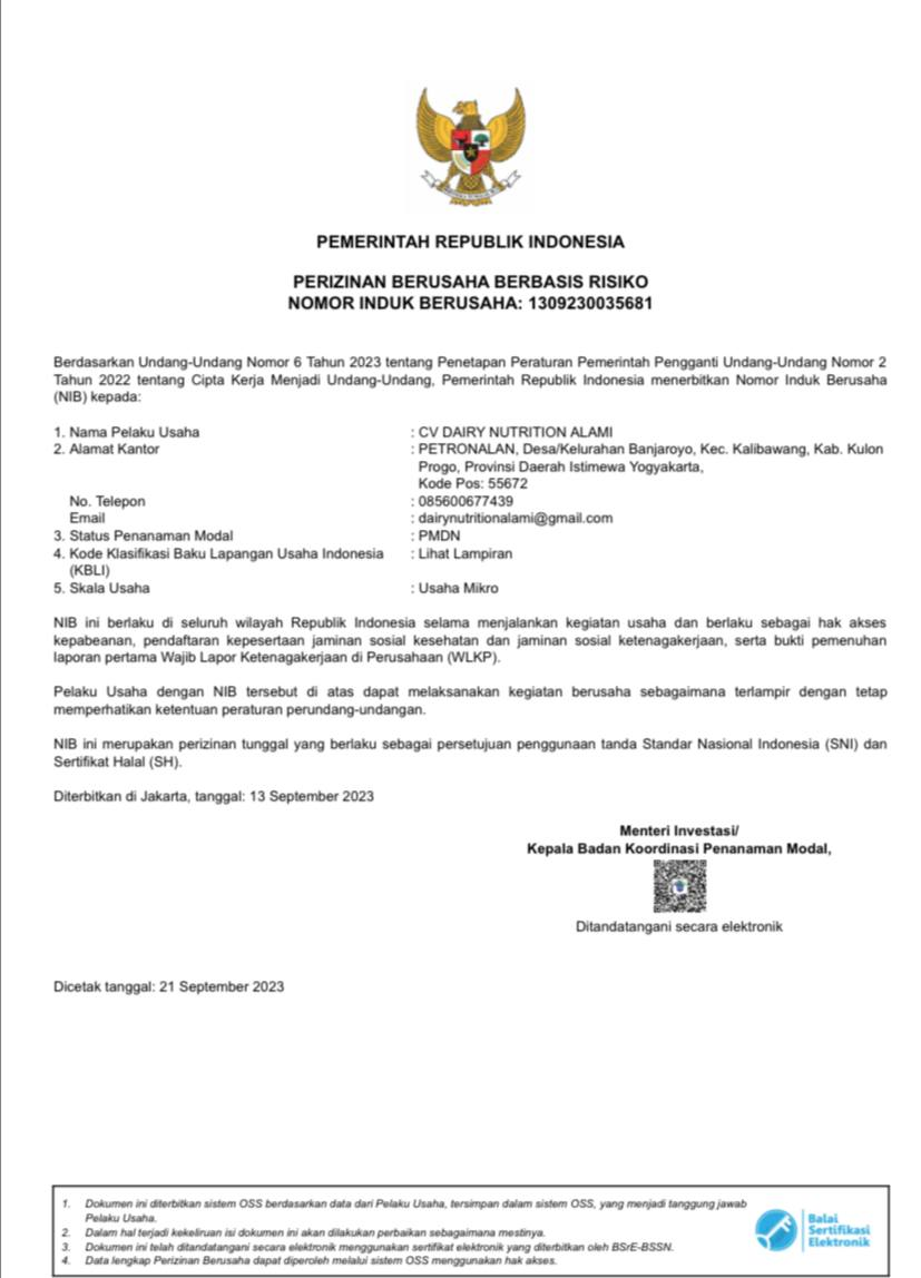 Nomor Induk Berusaha CV Dairy Nutrition Alami